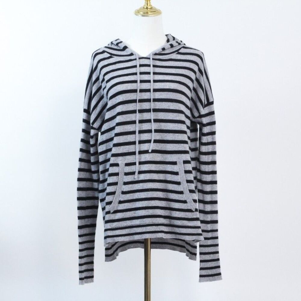 Aqua Cashmere Womens Small Striped Hoodie Sweater Gray Black Quiet Luxury